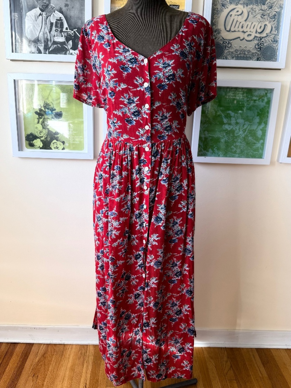 🌹 Vintage 90s Red Floral Button-Front Maxi Dress – Cottagecore Grunge Prairie